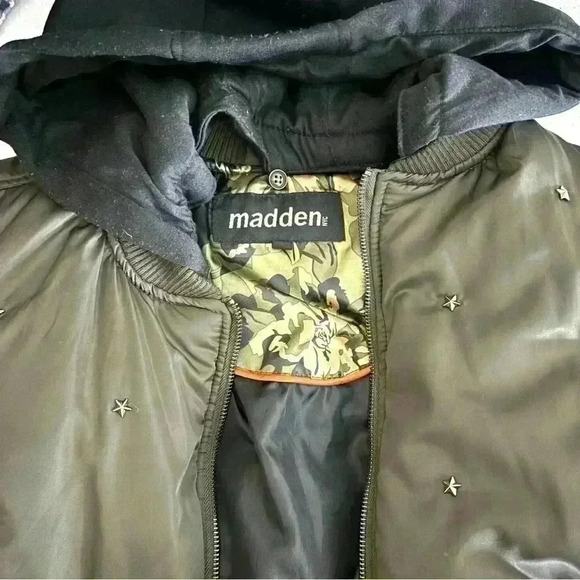 Madden NYC Dark Green Star Studded Hooded Zip Bomber Coat Size XL - Picture 11 of 16